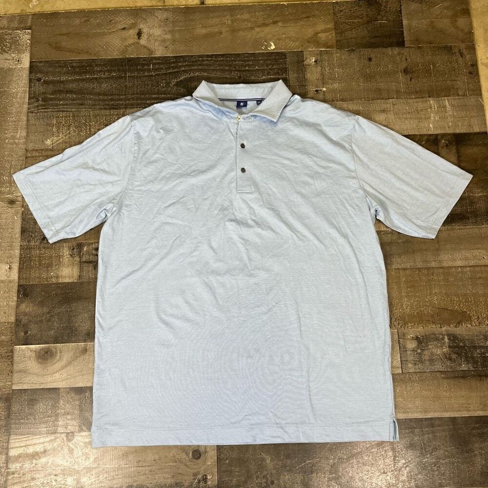 FJ FootJoy Men Size XXL Athletic Performance Gold Polo Blue Striped Short Sleeve